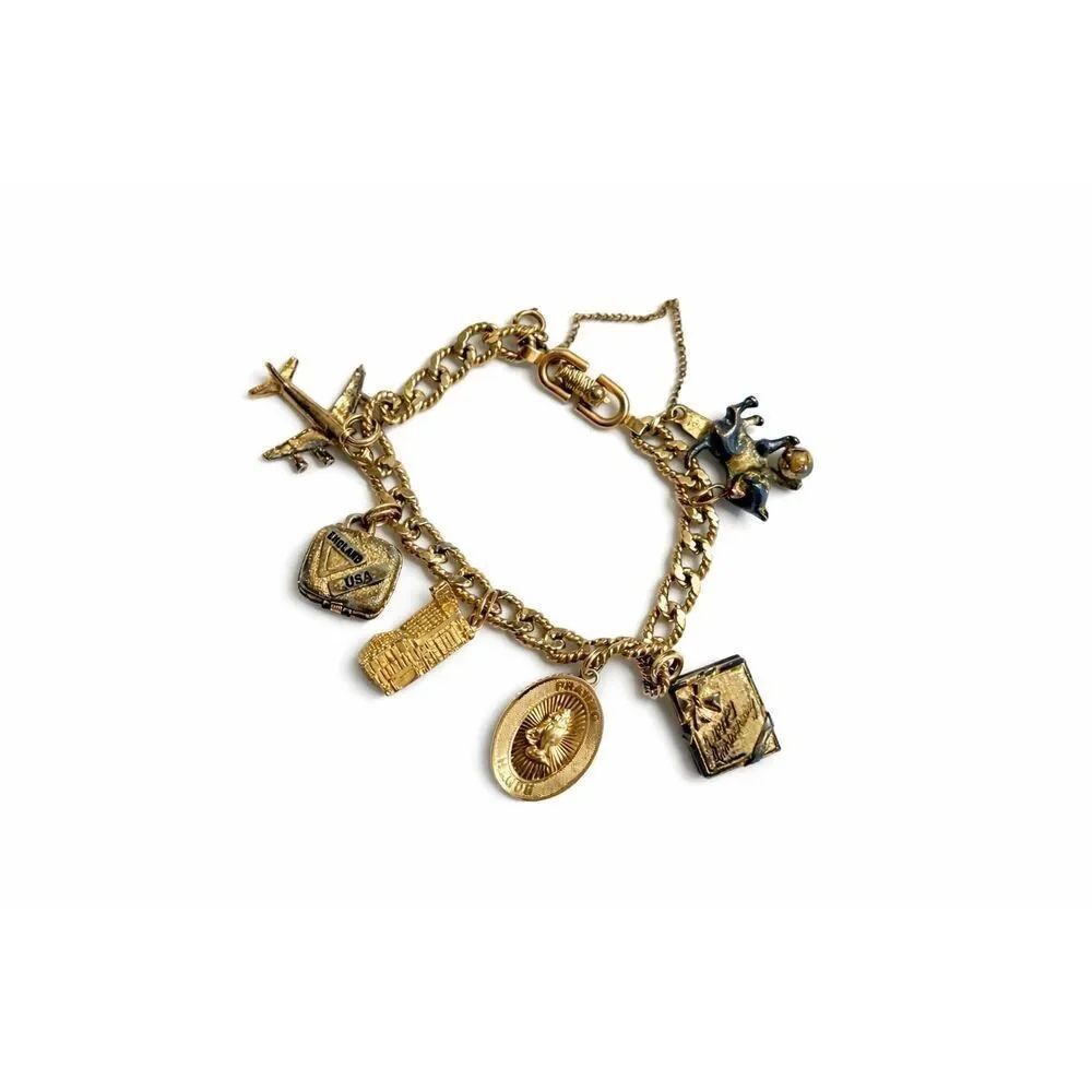 MONET GOLD TONE VINTAGE 6 CHARM BRACELET SIGNED